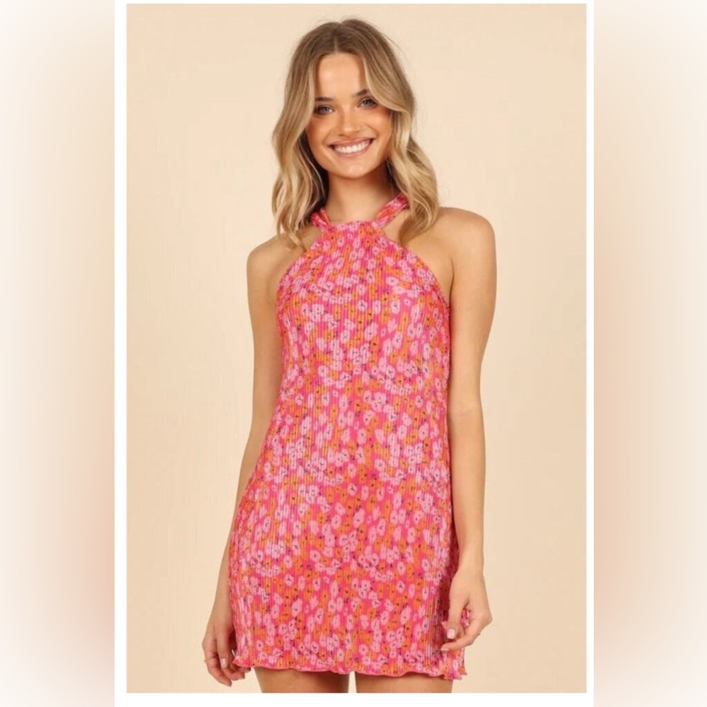 Petal & Pup Melody Plisse Halter Mini Dress Sz L Hot Pink Floral Cocktail Party